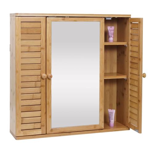 Armoire De Toilette Hwc-B18, Armoire De Toilette Suspendue, 3 Étagères 3 Portes Miroir Bambou 60x60x15cm