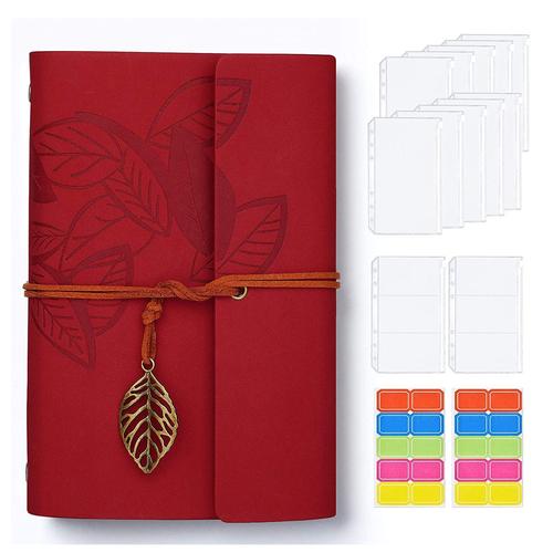 La Couleur Rouge Carnet De Notes En Cuir Pu A6 Avec Pochettes De Rangement, Cartes De Rangement, Autocollants D'étiquettes Pour Le Stockage Des Cartes De Facture Et Les Économies