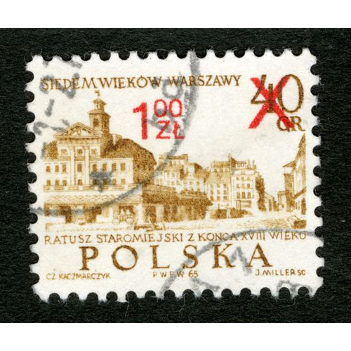 Timbre Oblitéré Polska, Siedem Wiekow Warszawy, Ratusz Staromiejski Z Konca Xviii Wieku, Kaczmarczyk, Miller, 1965, 1,00 Zl, 40 Gr