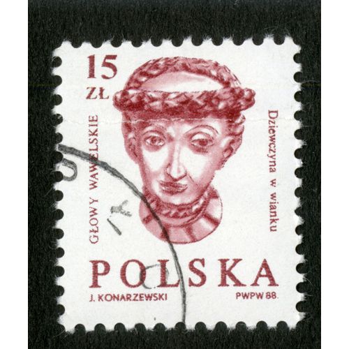 Timbre Oblitéré Polska, Glowy Wawelskie, Dziewczyna W Wianku, 1988, 15 Zl, Konarzewski
