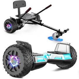 Sisigad Hoverboard 8,5" + Hoverkart Ensemble, Moteur 160w, Vitesse Maximale 10km/H, Éclairage Led, Musique Bluetooth, Argent + Noir