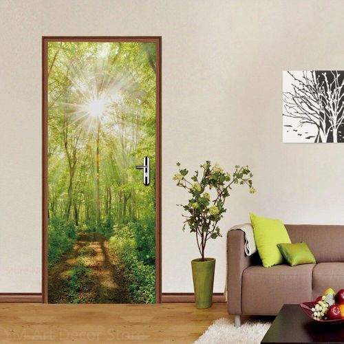 Autocollant de porte de chemin forestier,décoration de chambre à coucher,affiche de couverture de porte,paysage naturel,papier peint auto-adhésif,autocollant mural
