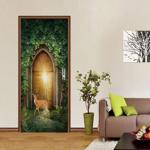 Autocollant de porte de chemin forestier,décoration de chambre à coucher,affiche de couverture de porte,paysage naturel,papier peint auto-adhésif,autocollant mural