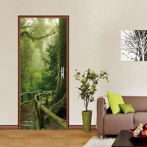 Autocollant de porte de chemin forestier,décoration de chambre à coucher,affiche de couverture de porte,paysage naturel,papier peint auto-adhésif,autocollant mural