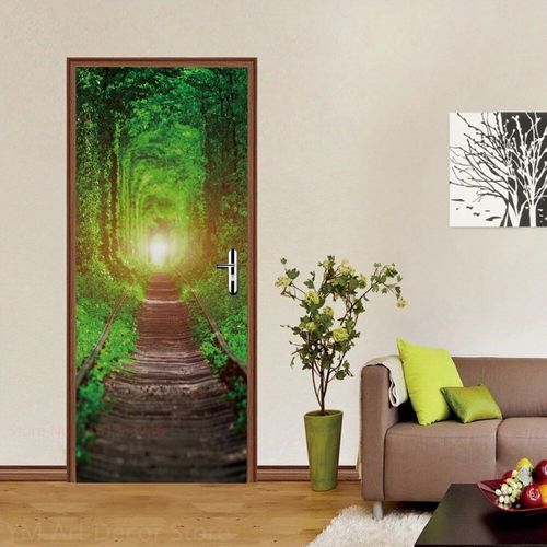 Autocollant de porte de chemin forestier,décoration de chambre à coucher,affiche de couverture de porte,paysage naturel,papier peint auto-adhésif,autocollant mural