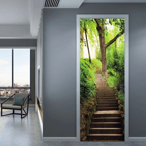 Autocollant de porte de chemin forestier,décoration de chambre à coucher,affiche de couverture de porte,paysage naturel,papier peint auto-adhésif,autocollant mural