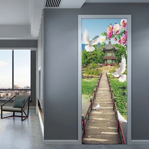Autocollant de porte de chemin forestier,décoration de chambre à coucher,affiche de couverture de porte,paysage naturel,papier peint auto-adhésif,autocollant mural