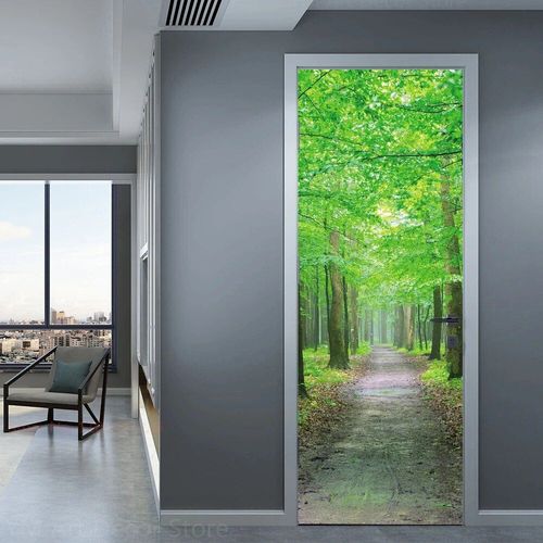 Autocollant de porte de chemin forestier,décoration de chambre à coucher,affiche de couverture de porte,paysage naturel,papier peint auto-adhésif,autocollant mural