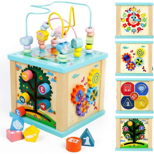 Cube d'Activité Bébé Jouet Bebe 1 an, Jouets Éveil Montessori 1 2 3 Ans, Cadeau Noel Enfant Garçon Fille, 5 en 1 Jeux Bebe en Bois avec Labyrinthe de Perles et Horloge