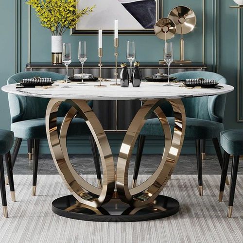 Table À Manger Rond Céramique Effet Marbre Blanc Pied Couleur Or Alliance