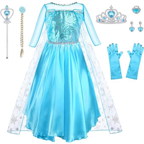 Elsa Dress Costume De Princesse, Elsa Anna Dress Up Pour Les Filles, Avec Accessoires Gants Couronne Baguette Tresse Robe Longue Costume Pour Fête/Reconstitution Historique Taille 100-150cm