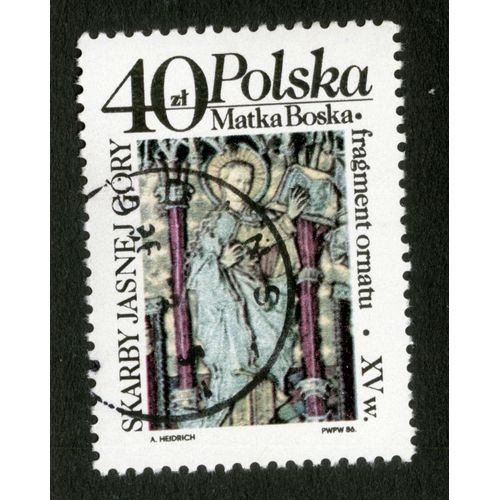 Timbre Oblitéré Polska, Skarby Jasnej Gory, Matka Boska, Fragment Ornatu, Xv W., 1986, 40 Zl
