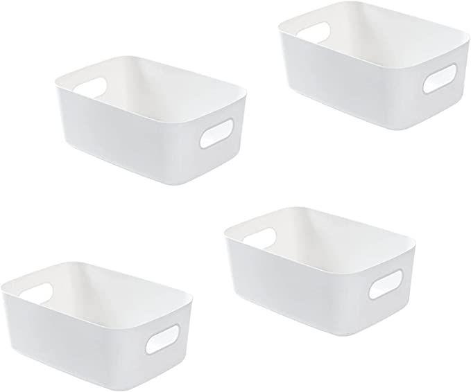 Lot de 4 Panier de Rangement en Plastique Blanc, Rangement Placard Cuisine,Bac  Rangement Blanc Tiroir Salle de Bain avec Anse pour Empilables Cuisine,  Chambre,Bureau,19 x 13.5 x 7.5cm