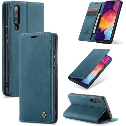 Etui Coque Pour Samsung Galaxy A30s/A50s/A50,Protection Housse En Cuir Pu Portefeuille Livre, Emplacements Cartes , Fonction Support , Languette Magnétique ,Bleu Vert