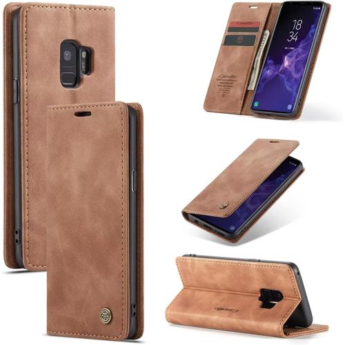 Etui Coque Pour Samsung Galaxy S9,Protection Housse En Cuir Pu Portefeuille Livre, Emplacements Cartes , Fonction Support , Languette Magnétique Pour Samsung Galaxy S9,Brun