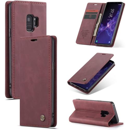 Etui Coque Pour Samsung Galaxy S9,Protection Housse En Cuir Pu Portefeuille Livre, Emplacements Cartes , Fonction Support , Languette Magnétique Pour Samsung Galaxy S9,Rouge Vin