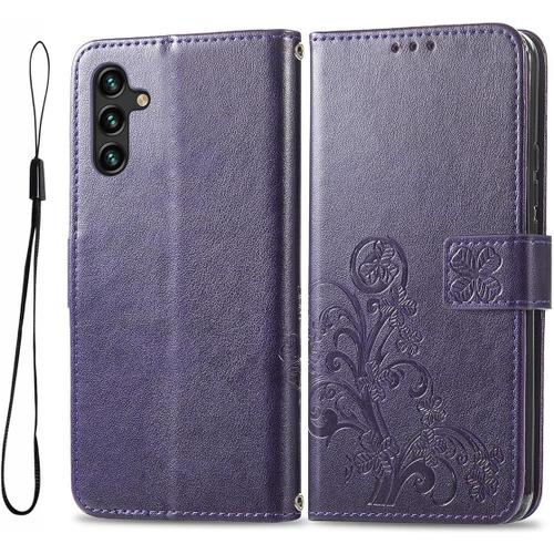 Coque Pour Samsung Galaxy A04s / A13 5g, Pu Cuir Housse Tpu Flip Portefeuille Etui Avec Carte Fente & Stand Fonction & Motif Relief, Magnétique Protection Case Cover, Violet Foncé