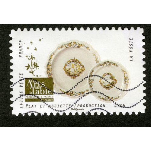 Timbre Oblitéré Les Arts De La Table, Porcelaine & Faïence En France, Plat Et Assiette , Production Lyon, Lettre Verte, France, La Poste