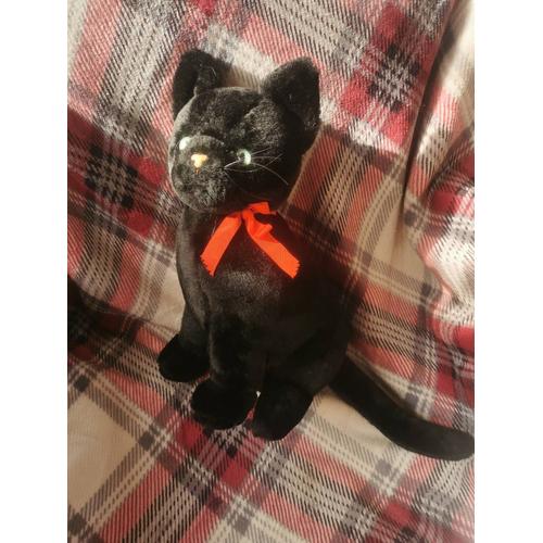 Peluche Chat Noir Assis Ruban Satin Rouge Ajena Vintage