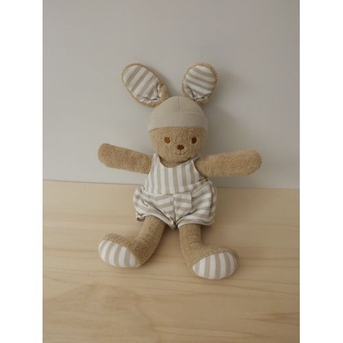 Doudou Lapin Beige Salopette Rayée Nounours