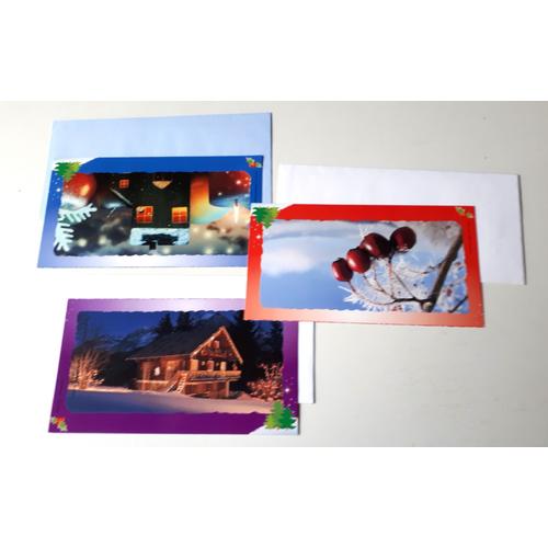 Trois Cartes Doubles De Correspondance En Papier Brillant Évoquant L'hiver Et Les Fêtes De Noël 18x10cm Avec Enveloppes - Décors Festifs Différents - Éditées Par La Ligue Contre Le Cancer