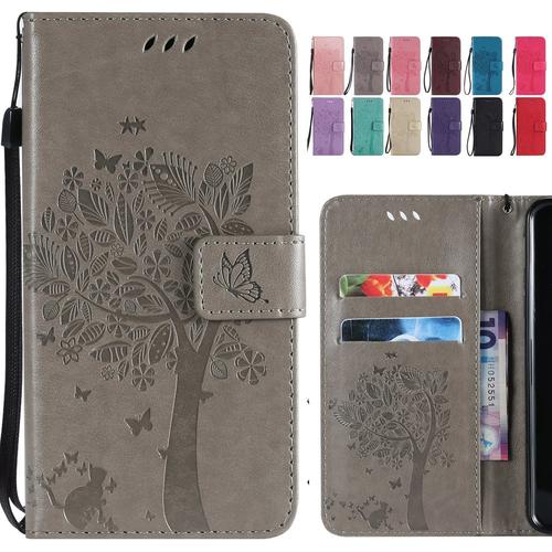 Étui Pour Huawei Mate 20 Lite Housse, Portefeuille Etui Cuir Magnétique Protecteur Pochette Silicone Cover Coque Pour Huawei Mate 20 Lite Avec Fente Pour Carte, Chat Arbre (Gris)