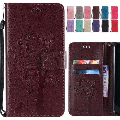 Étui Pour Huawei Mate 20 Lite Housse, Portefeuille Etui Cuir Magnétique Protecteur Pochette Silicone Cover Coque Pour Huawei Mate 20 Lite Avec Fente Pour Carte, Chat Arbre (Brun)