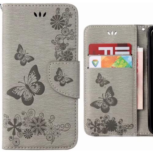 Coque Pour Huawei P20 Lite Etui Housse, Portefeuille Pu Cuir Magnétique Bumper Protecteur Pochette Soft Silicone Flip Etui Cover Huawei P20 Lite Avec Fente Pour Carte, Bande Papillon (Gris)