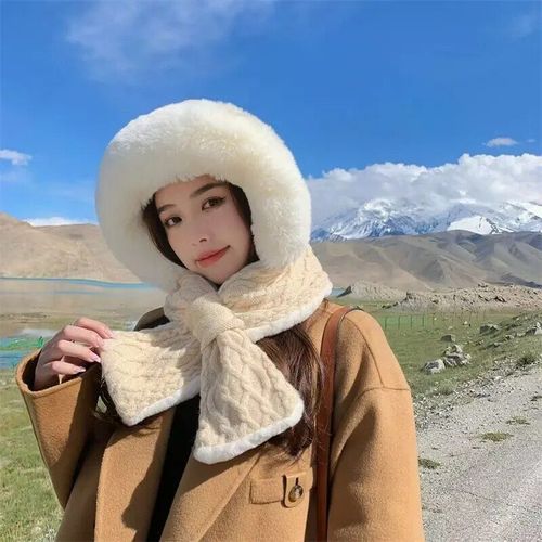 Chapeau À Bavette À Une Rayure Pour Femme,Écharpe À Capuche,Plus Velours,Épaissi,Chaud,Tout En Peluche,Protection Des Oreilles Lei Feng,Ensemble Deux Pièces