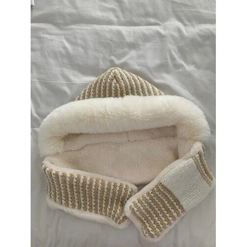 Chapeau À Bavette À Une Rayure Pour Femme,Écharpe À Capuche,Plus Velours,Épaissi,Chaud,Tout En Peluche,Protection Des Oreilles Lei Feng,Ensemble Deux Pièces