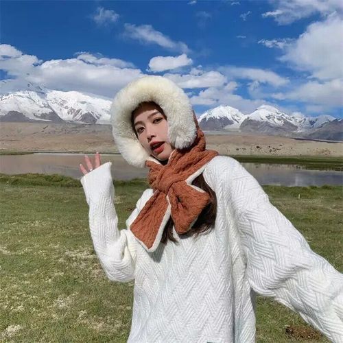 Chapeau À Bavette À Une Rayure Pour Femme,Écharpe À Capuche,Plus Velours,Épaissi,Chaud,Tout En Peluche,Protection Des Oreilles Lei Feng,Ensemble Deux Pièces