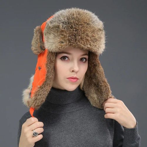 Chapeau De Bombardier En Fourrure De Lapin Véritable Unisexe,Casquettes Coupe-Vent,Super Chaud,Naturel,Doux,Russe,Extérieur,Hiver