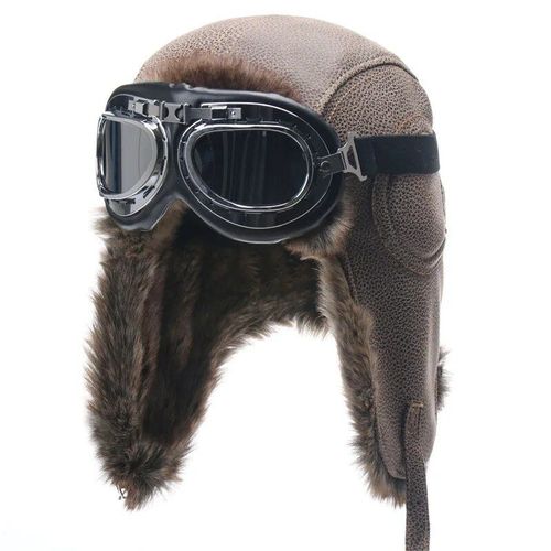Chapeau De Bombardier En Fausse Fourrure Coupe-Vent Avec Lunettes Pour Hommes,Chapeau De Pilote Thermique En Cuir,Ushanka,Extérieur,Moto,Chaud,Hiver