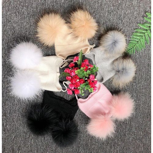 Bonnet À Pompon En Fourrure De Raton Laveur Pour Enfants,Chapeaux Tricotés,Angora,Mignons