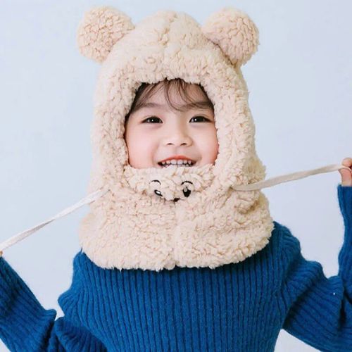 Cagoule Chaude En Forme D'ours Avec Masque Pour Enfant,Bonnet En Peluche,Protection Des Oreilles,Skullies,Pour Fille,Hiver