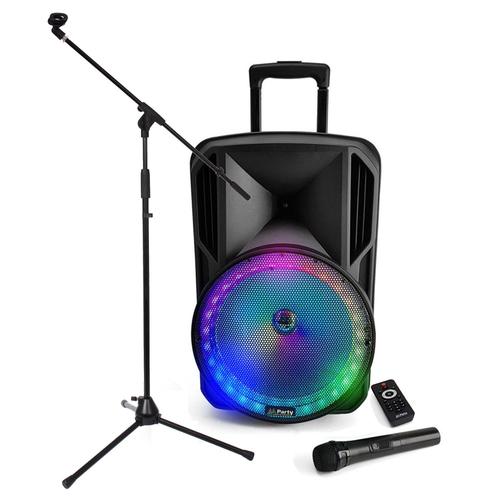 Enceinte sono portable batterie de 700W 12" à LED RGB - USB/ MICRO SD/BT/FM + Support Longue perche avec Micro VHF + Tél