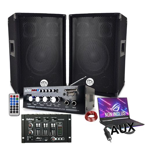 Pack sono 600W, AMPLI USB BLUETOOTH + 2 ENCEINTES 300W + Table de mixage USB, Câblages complet, PA DJ SONO MIX SOIREE MAISON BAR