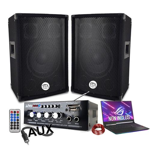 Pack sono 600W, AMPLI USB BLUETOOTH + 2 ENCEINTES 300W + DIVERS CÂBLES PA DJ SONO MIX SOIREE MAISON FAMILLE MAGASIN