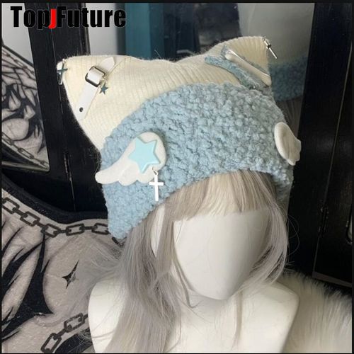 Chapeau D'oreille De Chat Tricoté Bleu Sous-Culture Pour Femme,Chapeau De Bombardier Mignon,Bonnet D'hiver Pour Fille,Harajuku,Gothique,Lolita,Aqua,Série Minine,Y2k