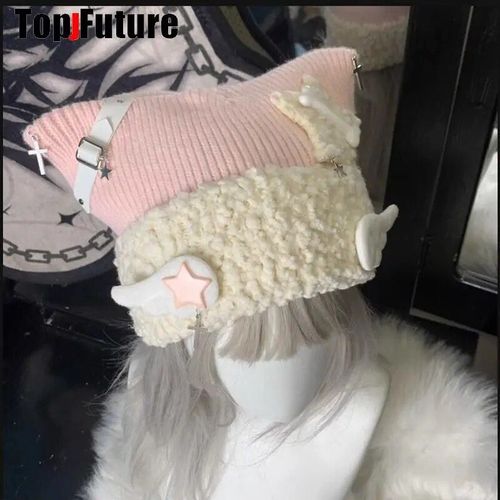 Chapeau D'oreille De Chat Tricoté Bleu Sous-Culture Pour Femme,Chapeau De Bombardier Mignon,Bonnet D'hiver Pour Fille,Harajuku,Gothique,Lolita,Aqua,Série Minine,Y2k