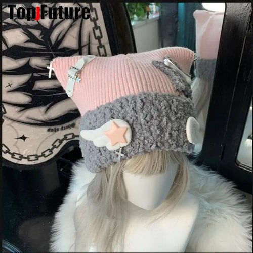 Chapeau D'oreille De Chat Tricoté Bleu Sous-Culture Pour Femme,Chapeau De Bombardier Mignon,Bonnet D'hiver Pour Fille,Harajuku,Gothique,Lolita,Aqua,Série Minine,Y2k