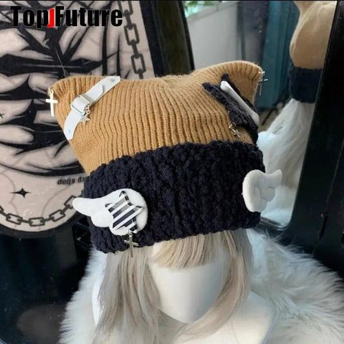 Chapeau D'oreille De Chat Tricoté Bleu Sous-Culture Pour Femme,Chapeau De Bombardier Mignon,Bonnet D'hiver Pour Fille,Harajuku,Gothique,Lolita,Aqua,Série Minine,Y2k