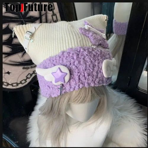 Chapeau D'oreille De Chat Tricoté Bleu Sous-Culture Pour Femme,Chapeau De Bombardier Mignon,Bonnet D'hiver Pour Fille,Harajuku,Gothique,Lolita,Aqua,Série Minine,Y2k