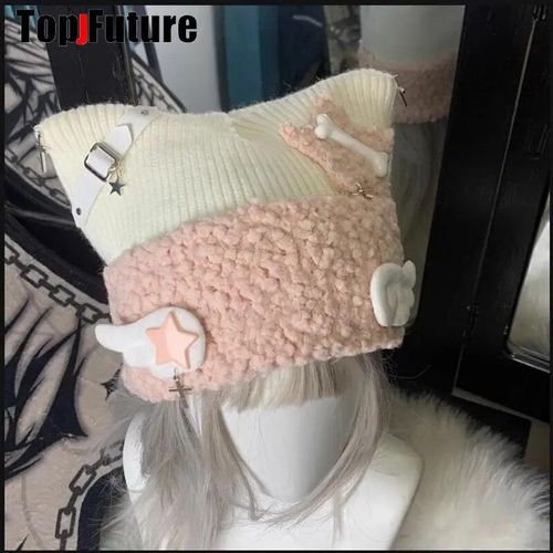 Chapeau D'oreille De Chat Tricoté Bleu Sous-Culture Pour Femme,Chapeau De Bombardier Mignon,Bonnet D'hiver Pour Fille,Harajuku,Gothique,Lolita,Aqua,Série Minine,Y2k
