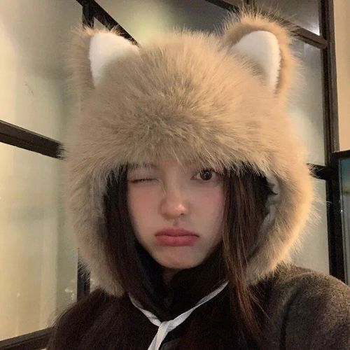 Chapeau Japonais En Peluche Doux Avec Oreilles De Chat Mignon Pour Filles,Casquette De Protection Des Oreilles Sherpa Pérou,Grand Chapeau Chaud,Coupe-Vent,Mode Polyvalente,Hiver