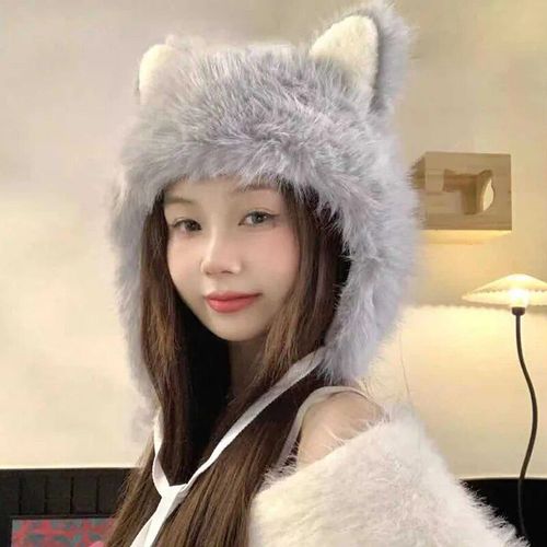 Chapeau Japonais En Peluche Doux Avec Oreilles De Chat Mignon Pour Filles,Casquette De Protection Des Oreilles Sherpa Pérou,Grand Chapeau Chaud,Coupe-Vent,Mode Polyvalente,Hiver