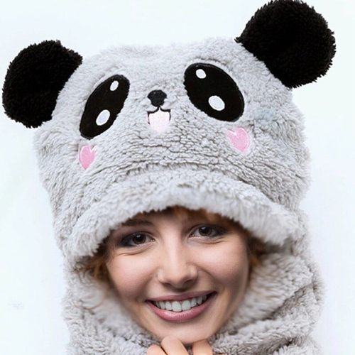 Chapeau Ours Amusant Avec Oreilles Pour Femme,Écharpe,Cagoule,Bonnets,Double Fourrure,Chaud,Streetwear,Hiver