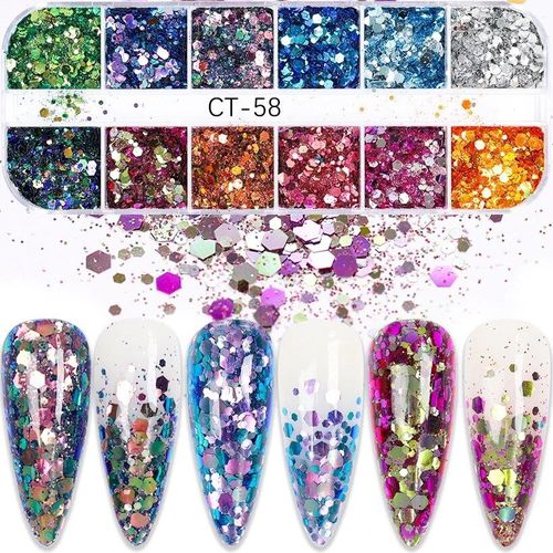 Ensemble De Décalcomanies À Paillettes Acryliques Pour Faux Ongles N64.Tips,Décoration De Beauté,Outils De Manucure,Souris,12 Couleurs - Type Ct58