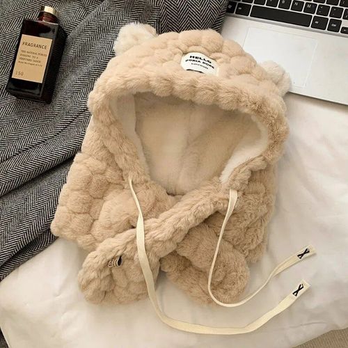 Chapeaux Et Écharpe Coréens Avec Oreilles D'ours Pour Femmes,Bonnet Aviateur,Peluche,Épais,Chaud,Intégré,Protection Des Oreilles,Cyclisme,Automne,Hiver,Mignon