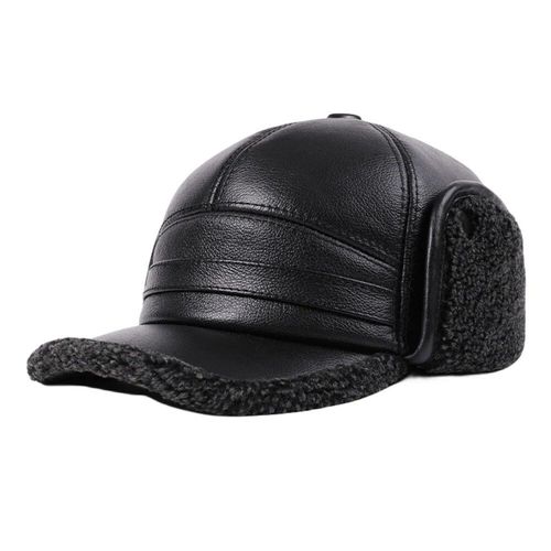 Chapeau De Bombardier À Oreillettes Pour Homme,Casquette D'hiver Chaude En Cuir De Vache,Noir Et Marron